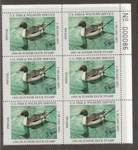 JDS3 Junior Duck Stamp. Plate Numbered Block of 6. MNH. Very Rare.   #02 JDS3PB6