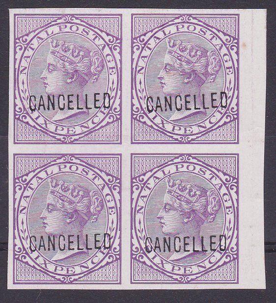 NATAL 1874-99 6d proof block of 4 on glazed paper optd CANCELLED...........67603 