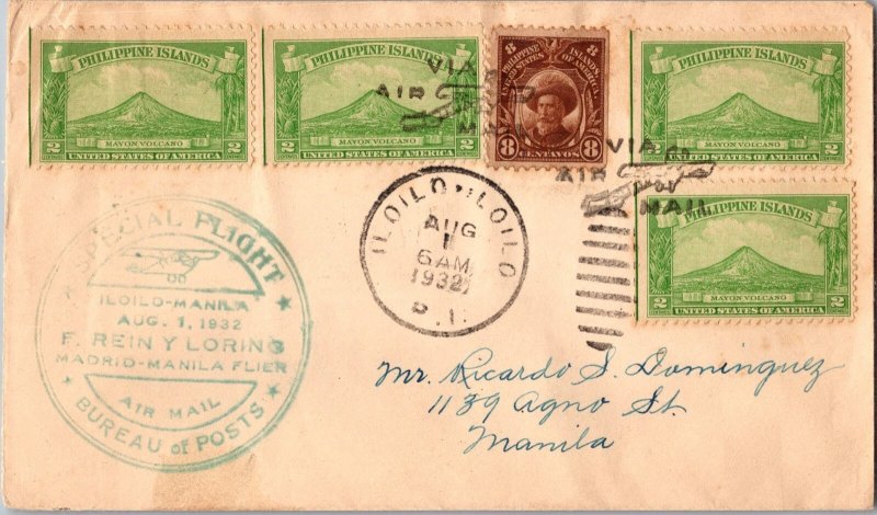 1932 MANILA Philippines USA Airmail FFC Special First Flight Cover To Iloilo