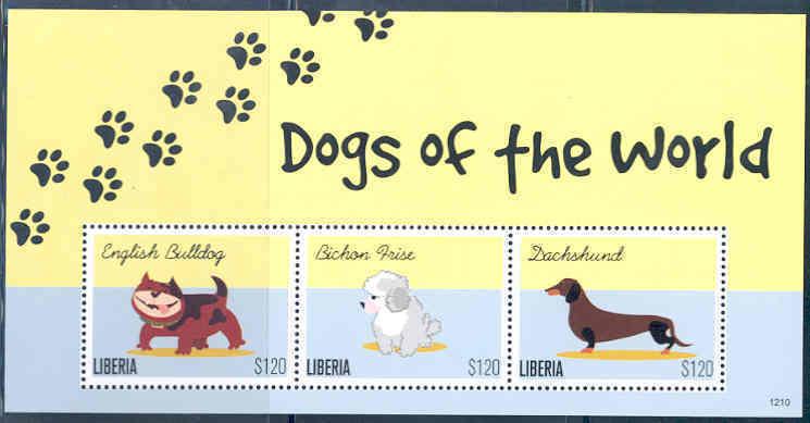 LIBERIA  2012 DOGS OF THE WORLD BULLDOG BICHON FRISE DACHSHUND SHEET  MINT NH