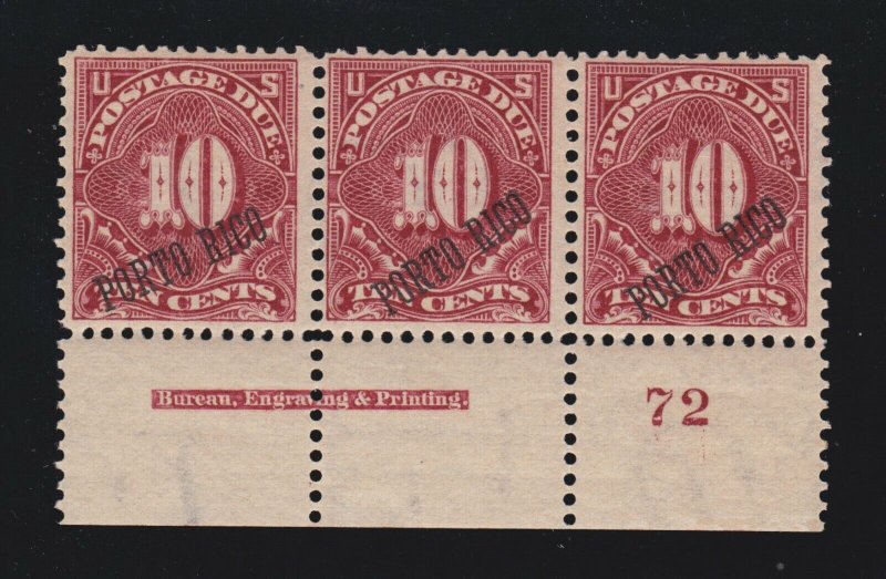 US Puerto Rico J3/ J3a 10c Postage Due Strip of 3 F-VF OG H w/ PF Cert SCV $1250