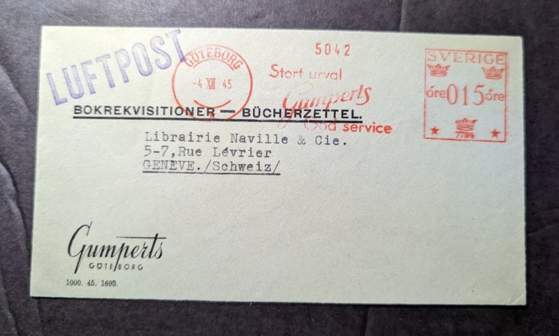 1945 Sweden Airmail Cover Goteborg to Geneva Switzerland Gumperts