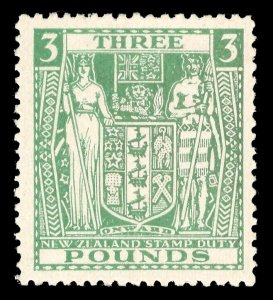 New Zealand 1940 KGVI Arms Fiscal £3 Wmk Inverted superb MNH. SG F208w. 