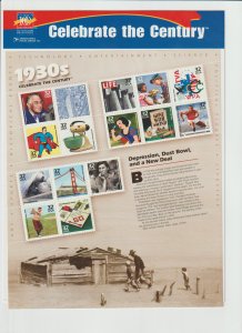 US Scott # 3185 Sheet Celebrate The Century 1930's MH 1999 Unsealed 1 hinge mark