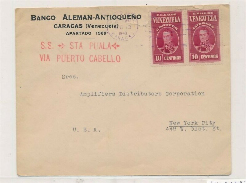 D174415 Venezuela Banco Cover 1940 Caracas New York City USA S.S. STA Puala