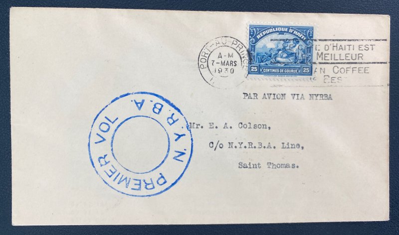 1930 Port Au Prince Haiti First Flight Airmail Cover To Saint Thomas Via NYRBA