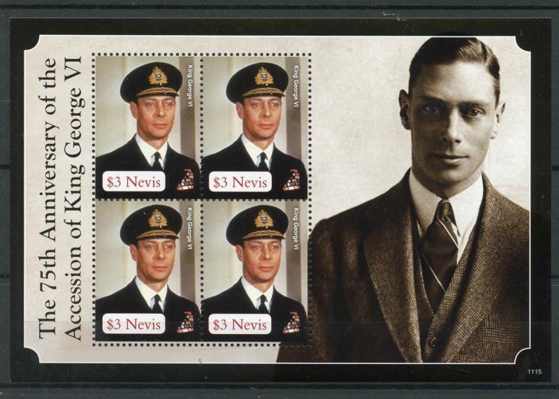 Nevis 2011 MNH King George VI 75th Accession Anniversary 4v M/S Royalty Stamps