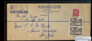 OPEN HALL, NFLD. REGISTERED, s/r & RPO's 20c +4c George VI 1951  cover Canada