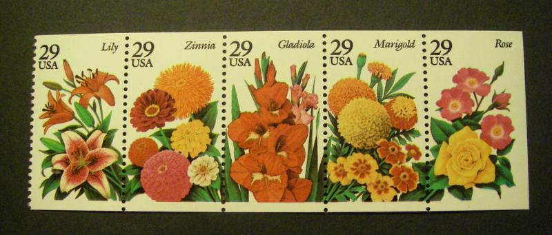 Scott 2833a, 29c Garden Flowers, Pane of 5, no tab, MNH Booklet Beauty
