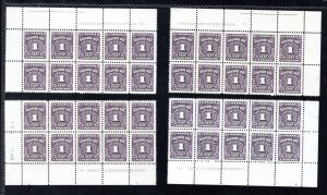 J15, Scott, 1c, VF, matched plate blocks set, P1, 4th issue, MNHOG Canada