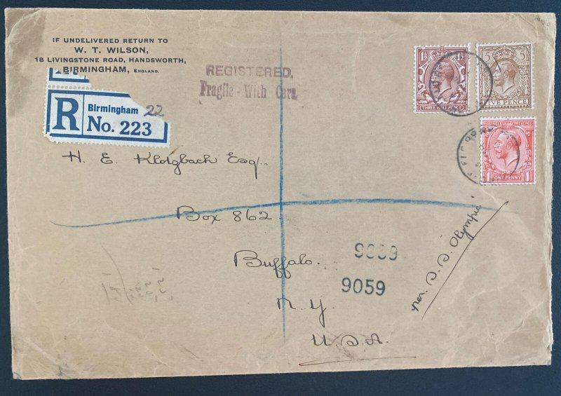 1928 Birmingham England Registered Cover To Buffalo NY Usa SS Olympia