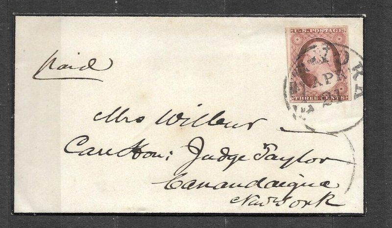 USA-1857 POSTAL HISTORY,Sc#26.MOURNING, NEW YORK to CANANDAIGUA. 73R3. ENCLOSURE