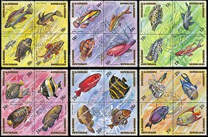 Burundi C207-C212, CTO, Airmail Fish blocks of four