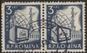 Romania 1368 (postally used pair) 3L radio & television, grayish blue (1960)