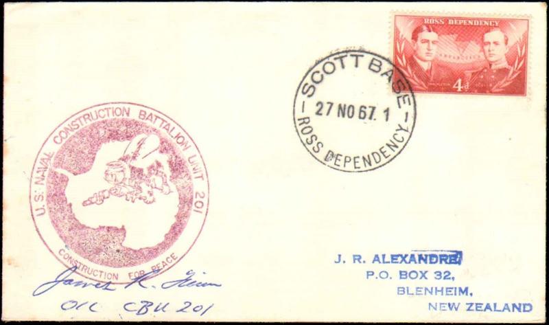 1967 NEW ZEALAND ROSS DEPENDENCY ANTARCTIC US NAVAL CONSTRUCTION CACHET + SIGNED