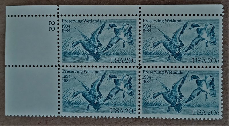 US #2092 20c Waterfowl Preservation Act MNH block of 4 plate #22 (1984)