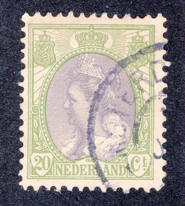 Netherlands 1908 20c olive green & gray Wilhelmina, Scott 75 used, value = 50c