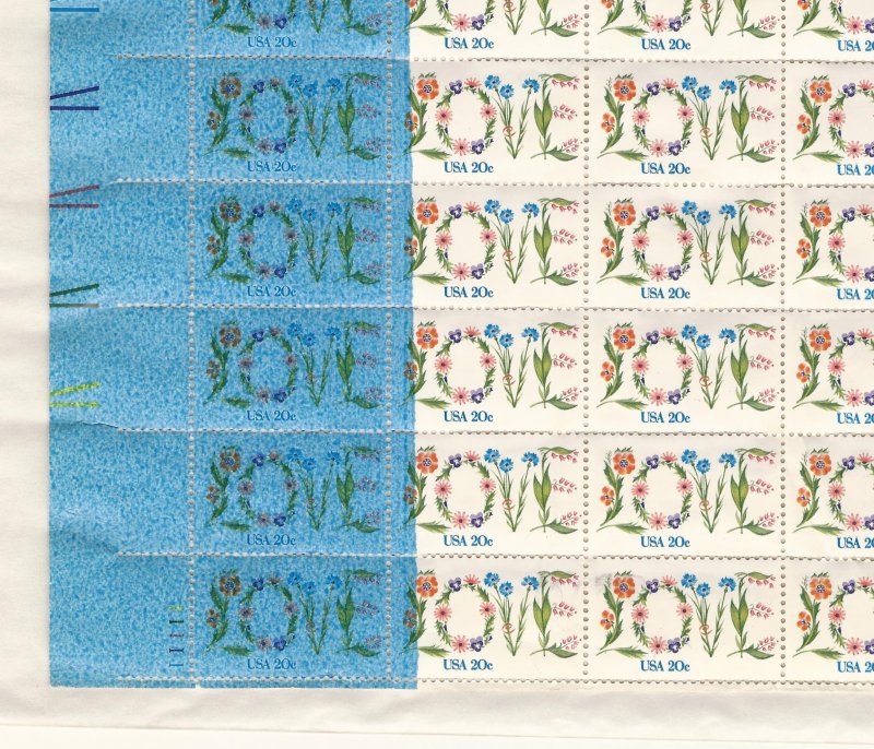 MAJOR ERROR: Dramatic Blue Ink Printing Flaw on 1982 LOVE Sheet.