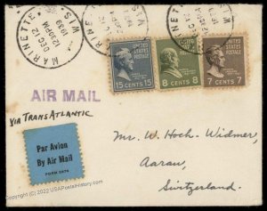 USA 15c Prexie James Buchanan 1939 Airmail Marienette WI Aarau Switzerland 80151