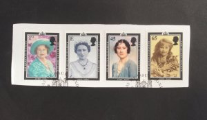 GB 2002. Queen Mother Commemoration. Set of 4 used stamps . On paper Ex FDC.