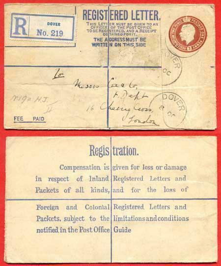 RP28c KGV 3d Registered Envelope Size F Flap 6 Lithographed HJ under Flap Used