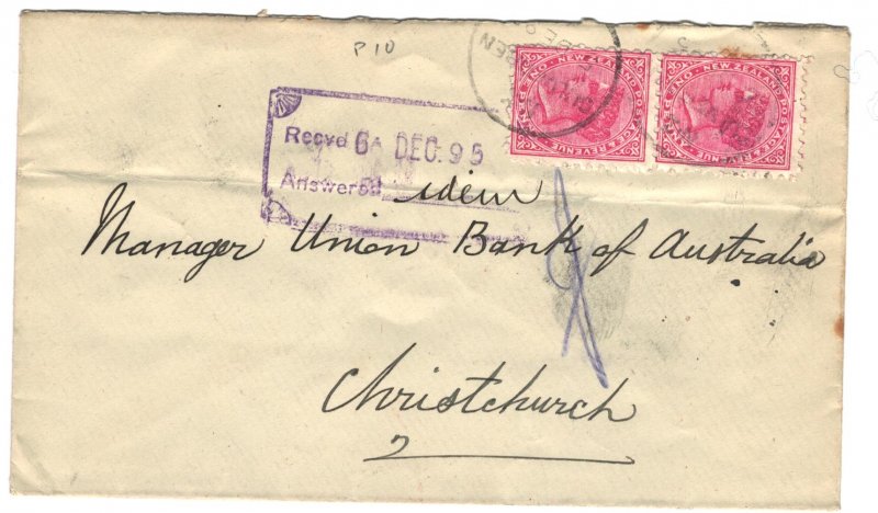 New Zealand Sc#61 Pair Used on Cover to Union Bank of Australia 1895