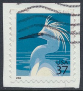 USA Sc# 3830  Used SA on piece Snowy Egret Bird 2003 see details / scan