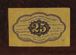 SC# PC7 USED 25 CENT POSTAL CURRENCY ON PAPER 1862-1863, IMPERFORATE AS ISSUED
