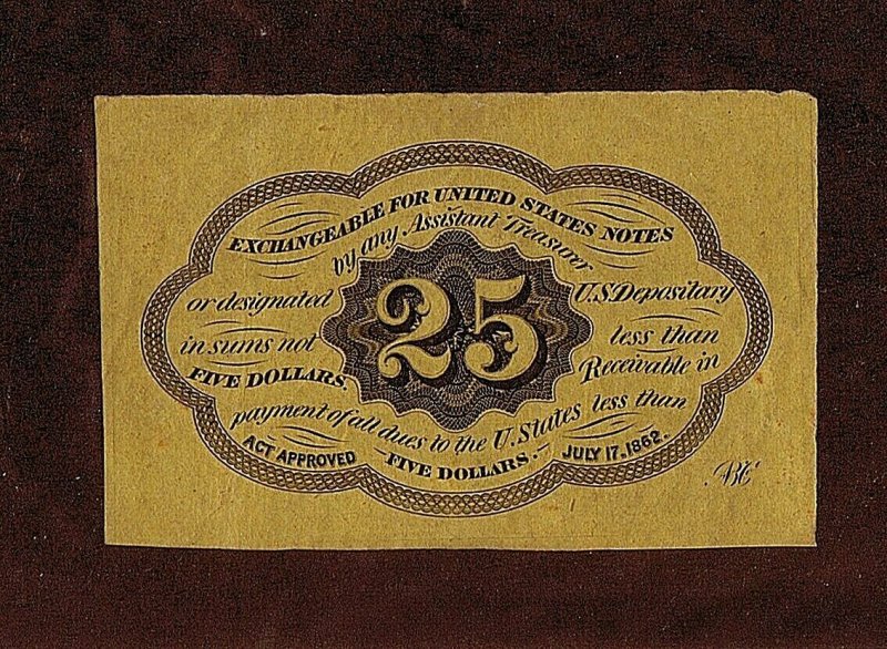 SC# PC7 USED 25 CENT POSTAL CURRENCY ON PAPER 1862-1863, IMPERFORATE AS ISSUED