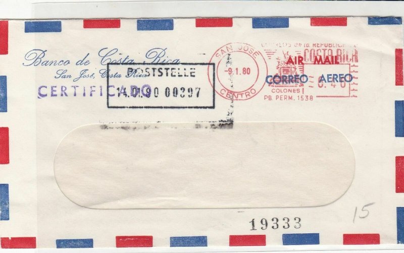 Costa Rica 1980 From Banco de Costa Rica Airmail Machine Stamp Cover Ref 29717