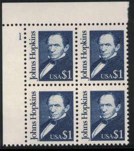 1989 Johns Hopkins Plate Block Of 4 $1 Postage Stamps, Sc 2194, MNH, OG