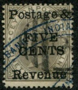 Ceylon SC#100 / SG#159 Victoria, 5c on 96c, canceled 