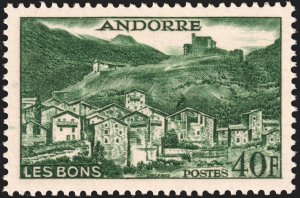 Andorra (French) #138  MOG - 40fr dk grn Village of Les Bons (1955)