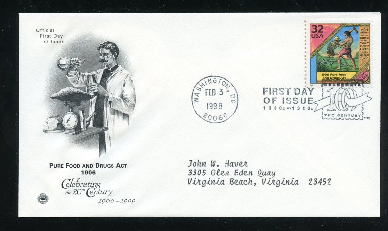 US 3182f Celebrate Century 1900s, Hunts Remedy ADDR PCS/Artcraft cachet FDC