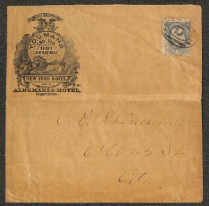 USA 156 STAMP YOUMANS ALBEMARLE HOTEL NEW YORK ADVERTISING COVER 1870s FF