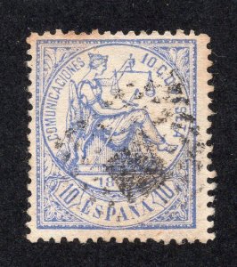 Spain 1874 10c ultramarine Justice Scott 203 used, value = 40c