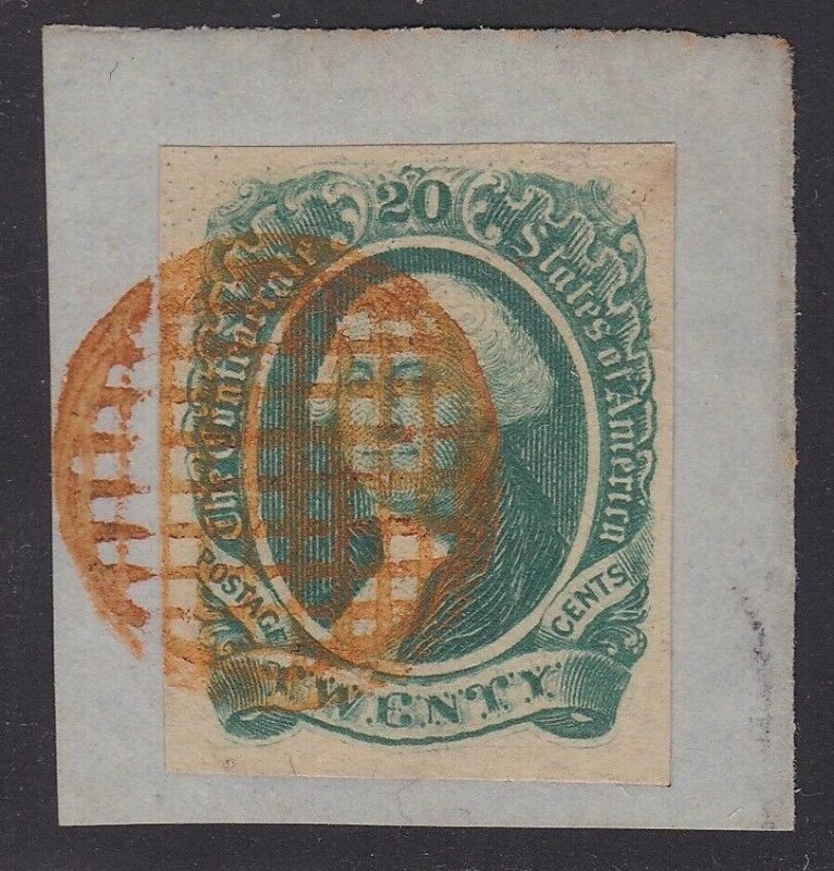 US CSA 13 20c Washington Used on Piece Tied by Red Orange Grid SCV $400+