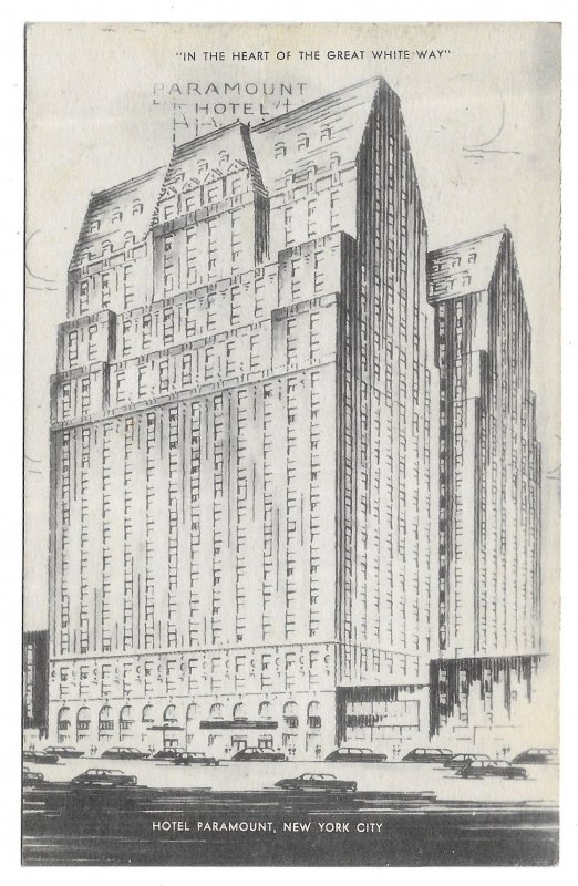Hotel Paramount, New York 1940 Printed Cursive Advertising Postcard, Forwarded