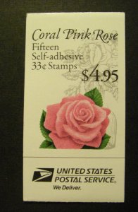 BK242B, Scott 3052a, b, c, 33c Pink Rose, booklet of 15, MNH Beauty