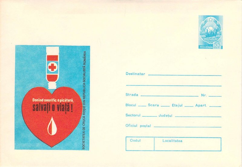 Romania PSE prepaid envelope 1974 Romanian Red Cross blood donors