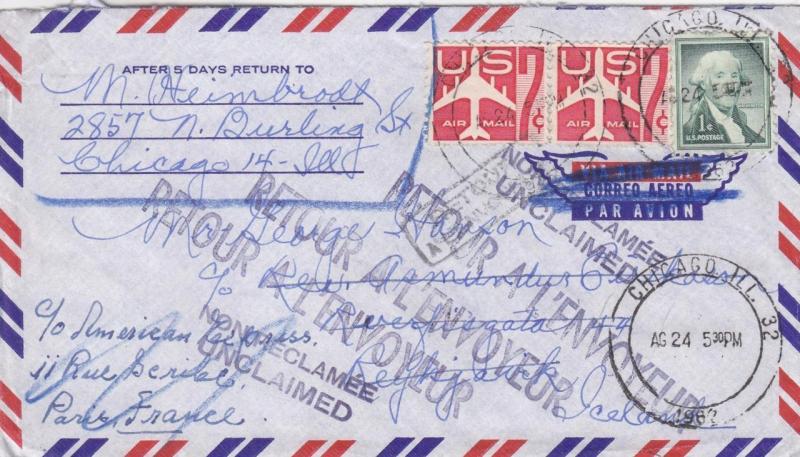 1962, Chicago, IL to Reykjavik, Iceland, Airmail, See Remark (29327)