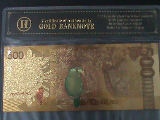 ​PHILIPPINES-2019-24 KARAT GOLD REPLICA $500 PESO BANK NOTE-WITH CERIFICATE VF