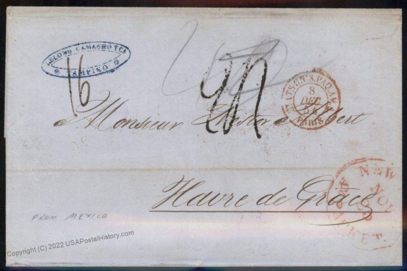 Mexico 1858 Tampico USA Havre New York Agent FA Bruguiere Cover Transatlan 92158