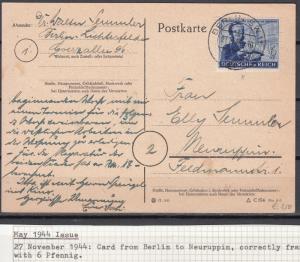 Germany - 27.11.1944 6pf+9 Postal Service as single franking on card (1796)