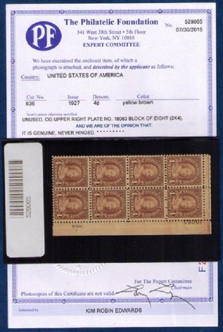 US Sc #636 MNH OG Plate Block Of Eight PF Cert,F-VF