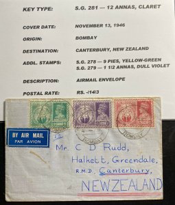 1946 Bombay India Airmail Cover To Canterbury New Zealand Victory Stamp Issue