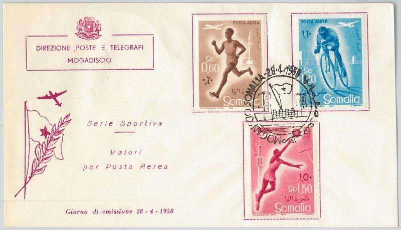 SOMALIA - POSTAL HISTORY -   3 FDC COVER  Scott # 221/7 + C54/6  - 1959  SPORTS