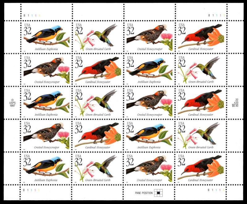 Tropical Birds 3222 - 3225 32¢ Sheet of 20 Stamps   MNH 