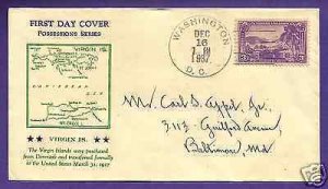 802  VIRGIN ISLANDS 3c 1937,  HOLLAND SECOND DAY OF ISS...