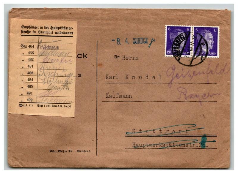 Germany 1943 Cover / Re-Directed / Zuruck / Signed Postal Slip - Z13869